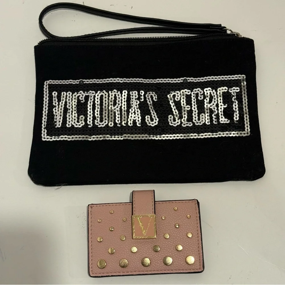 Victoria's Secret Bundle Pink Accordion Wallet + Black Wristlet DAMAGED READ - Picture 1 of 6